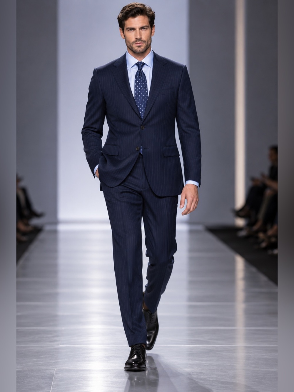 JCPenney The Men’s Shop Pinstripe Suit 44R 36x31 Navy 2 Button Wool Blend